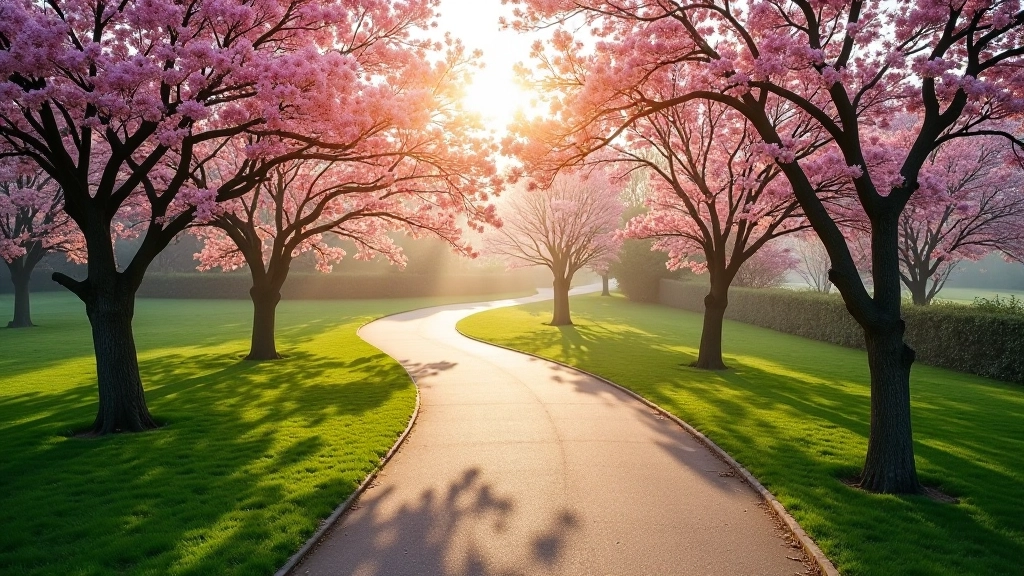 Wide aerial view of a winding walking path through mature trees with pink blossoms overhead, park setting