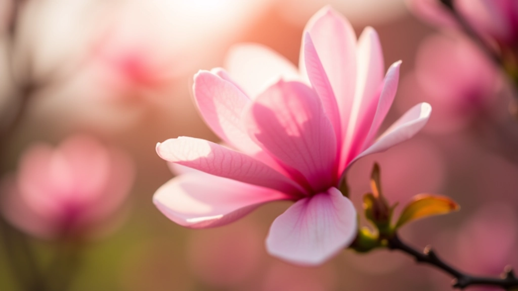 Close-up view of pink magnolia blossoms in full bloom against blue spring sky, soft natural morning light