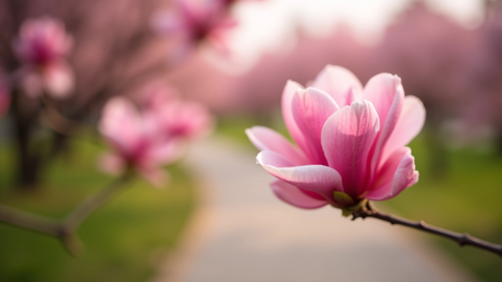 Delicate magnolia petals with park pathways visible, afternoon light creating soft shadows