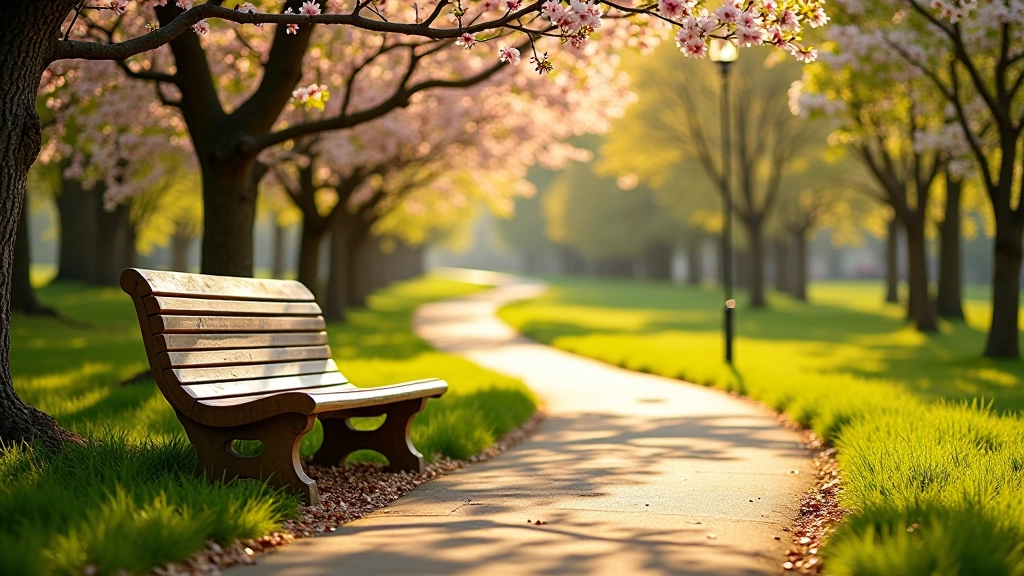 Comfortable wooden park bench nestled among trees and spring foliage