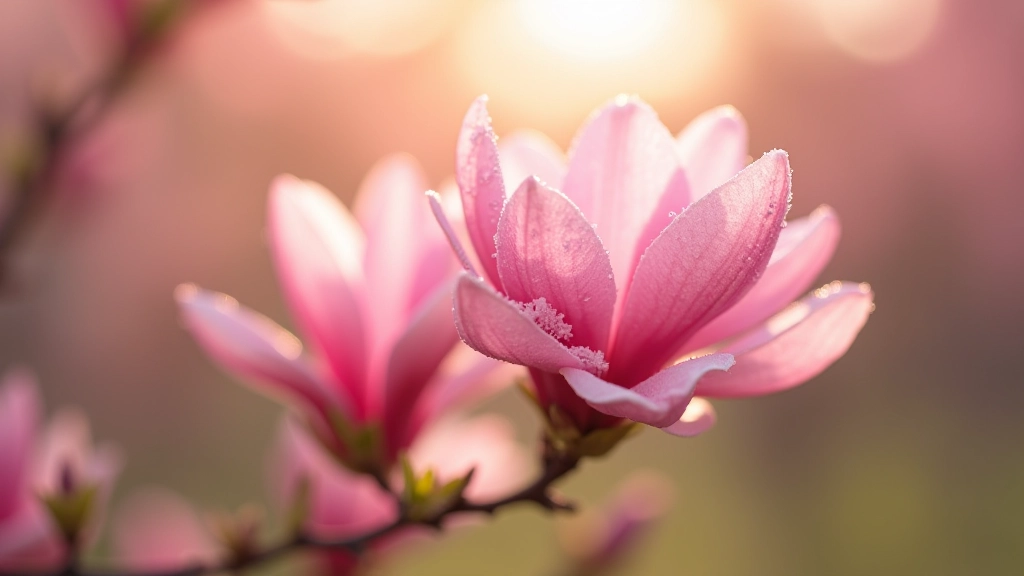 Close-up of pink magnolia petals with morning dew drops in soft light