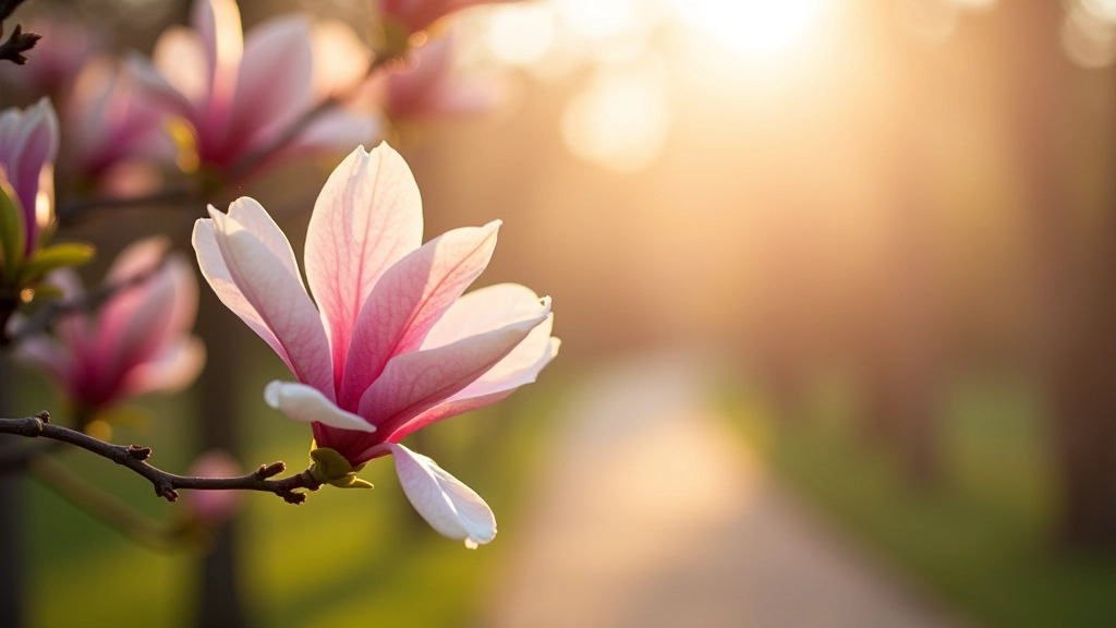 Morning light through magnolia blossoms in voyagenovel park