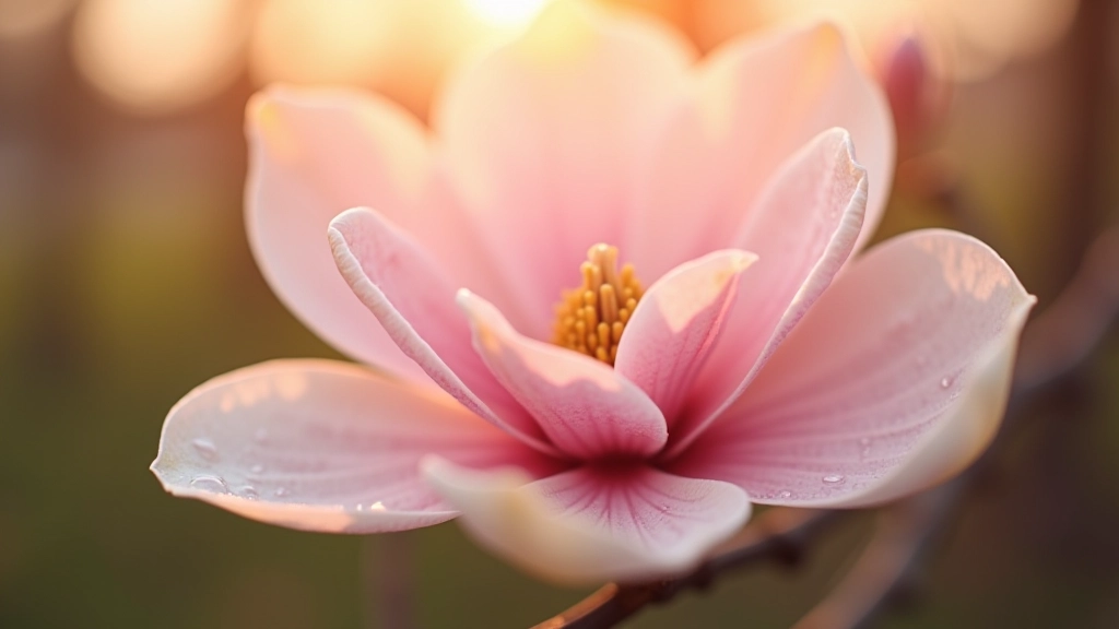 Detailed macro view of magnolia stamens and petal texture with morning dew