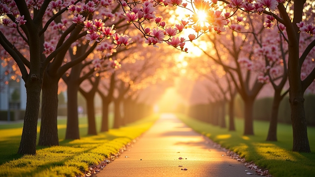 Park path during golden hour morning light, magnolia trees in full blossom, soft warm sunlight creating shadows on pathway