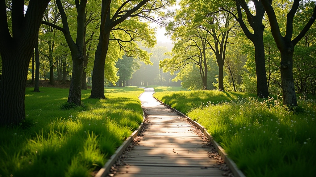 Path transitioning from boardwalk to forest, steps leading upward into trees with green foliage visible ahead