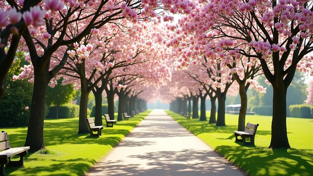 Scenic park pathway lined with blooming magnolia trees and benches creating a peaceful spring walking environment