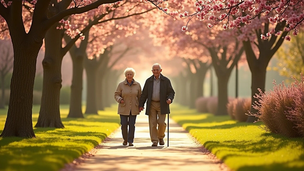 Pensioners walking together on voyagenovel park path with blooming flowers and trees