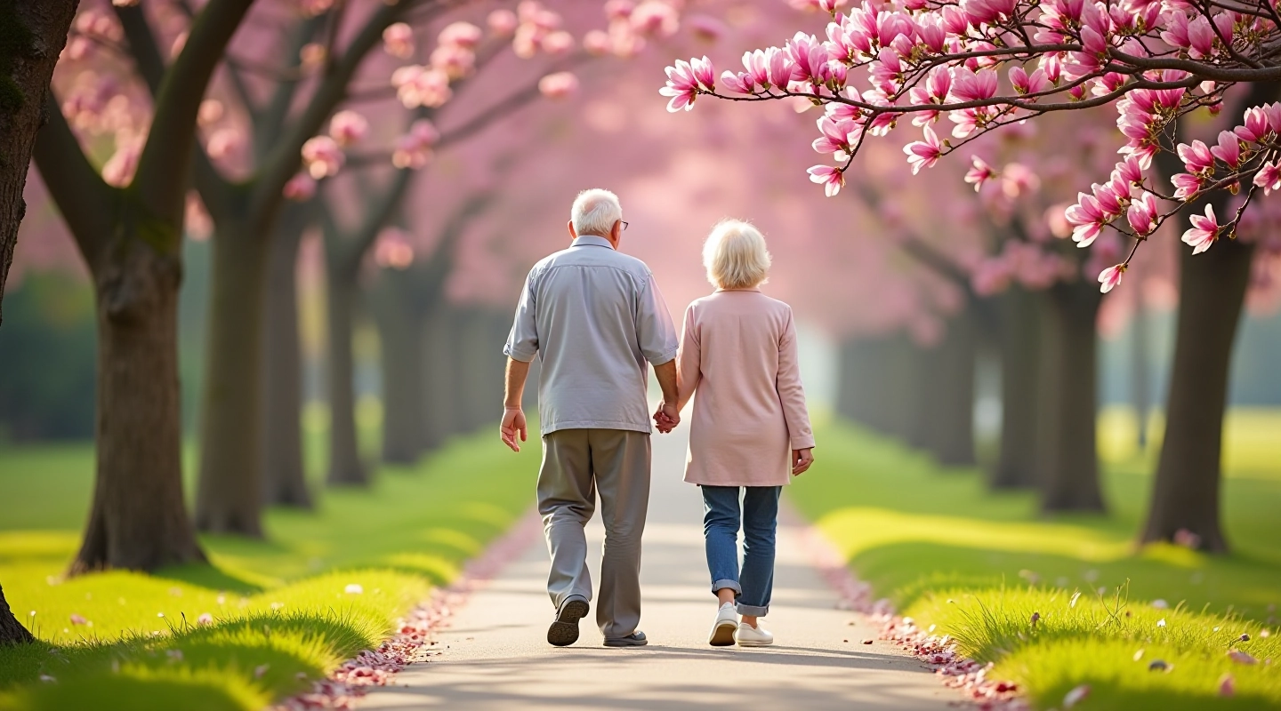Senior couple walking on a peaceful park path lined with blooming pink magnolia trees in morning light