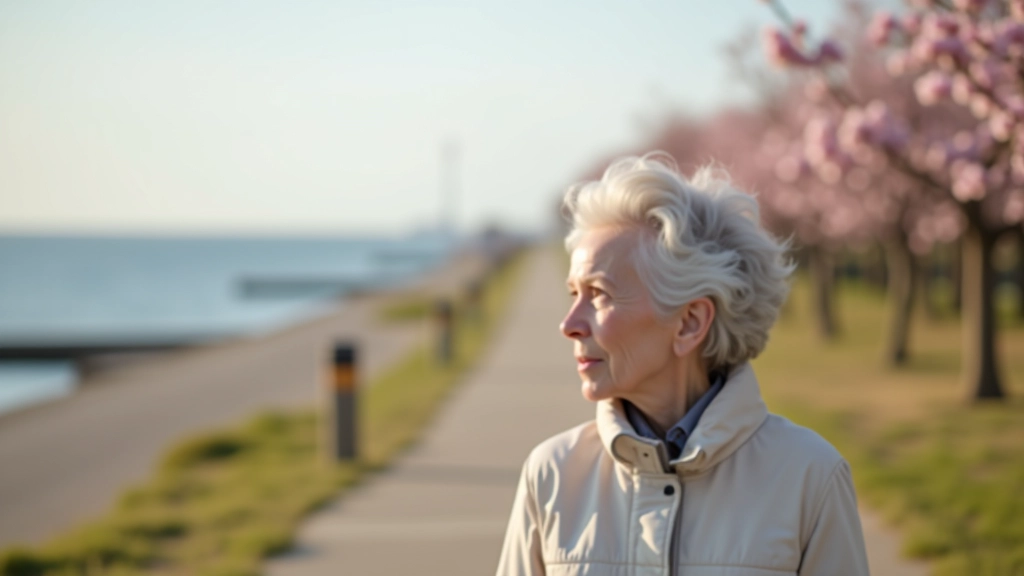 Senior woman walking confidently on smooth boardwalk path with sea view in background, portrait from side
