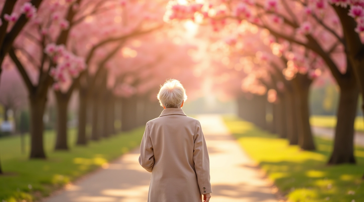 Woman walking on a tree-lined path with pink magnolia blossoms overhead