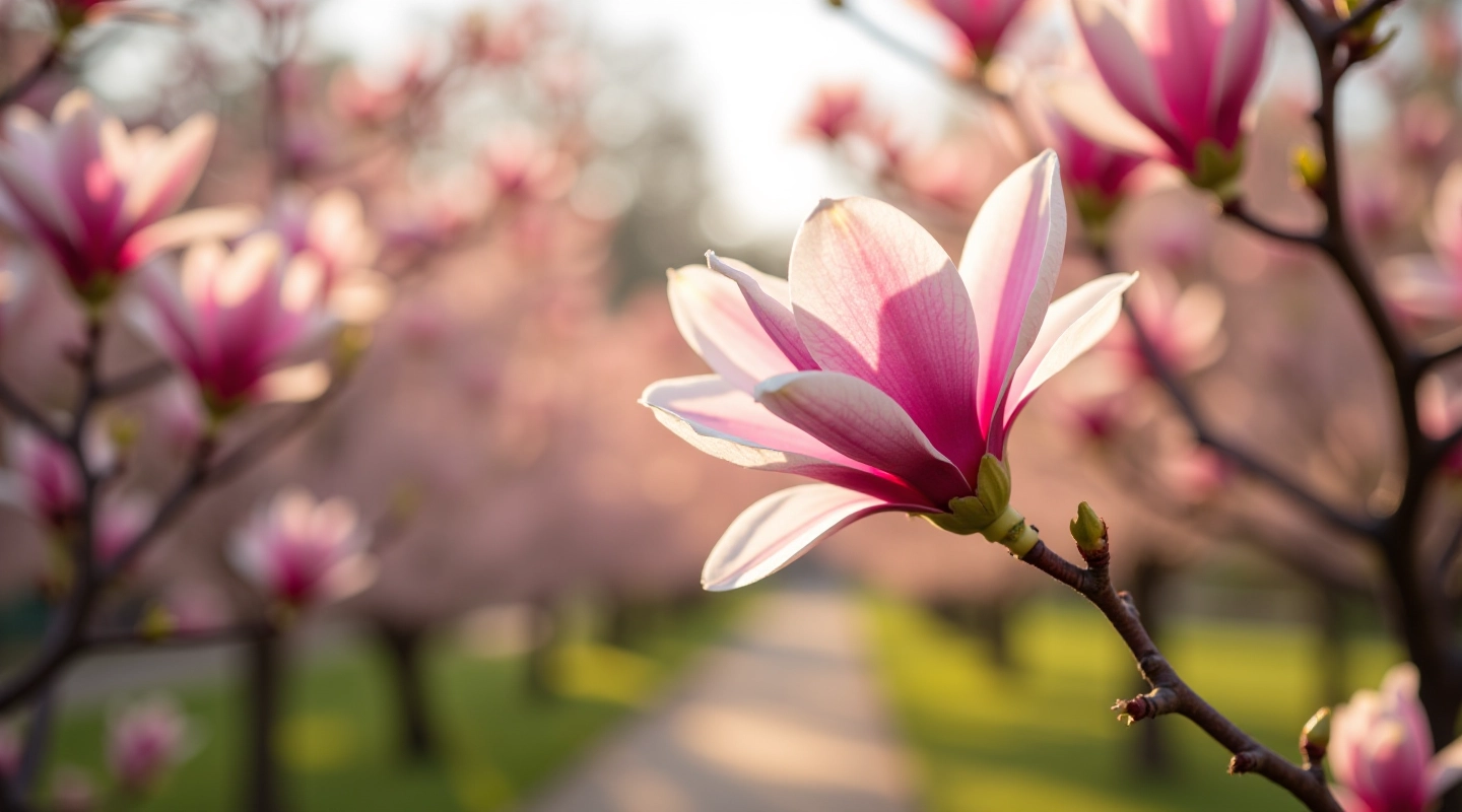 Magnolia blossoms in spring at voyagenovel park with pink and white flowers