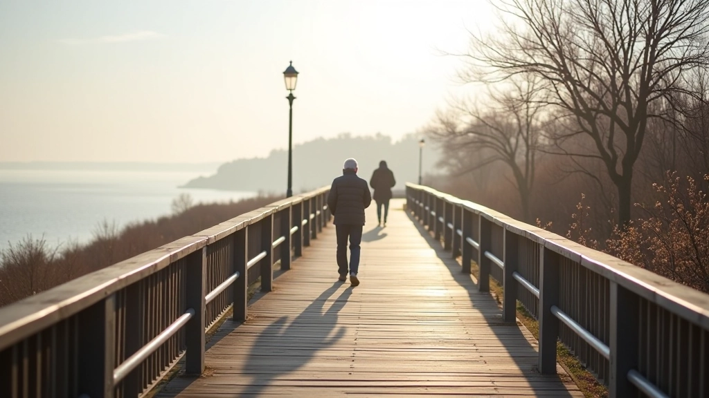 Wooden boardwalk with metal railings extending along the Baltic coastline, morning light on calm sea