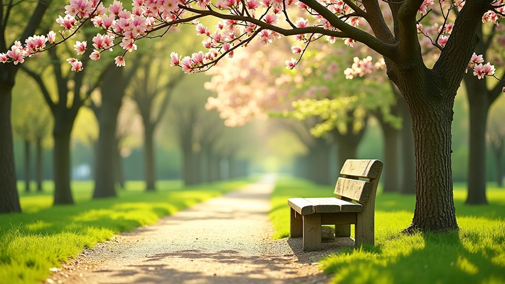 Comfortable wooden park bench situated under mature trees with spring foliage, peaceful park setting with soft natural light